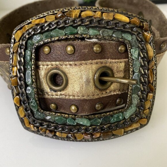 Handmade Brown Leather Statement Belt Semi Precious Stones Studs Up To Size 36 - Picture 10 of 16